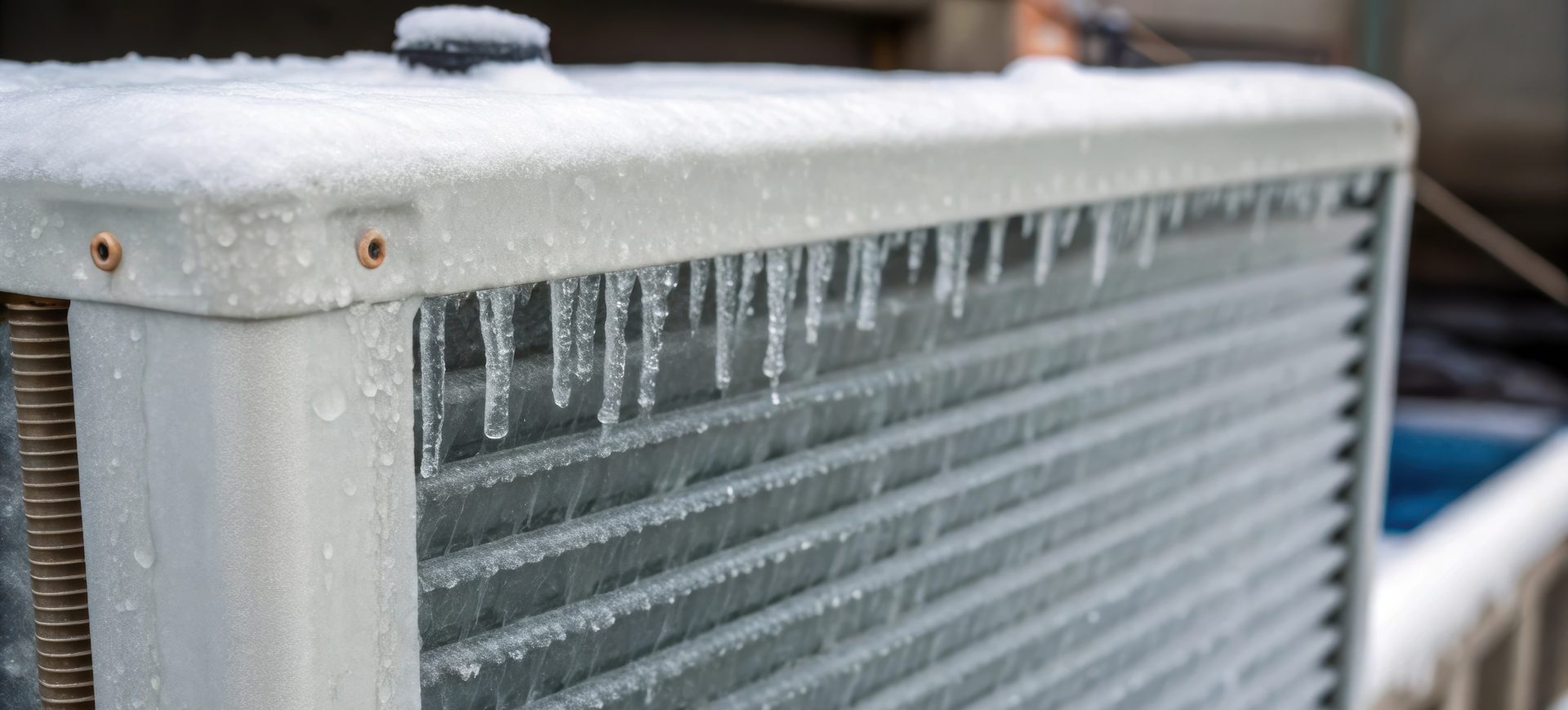 Vereiste Lamellen mit Eiszapfen an einer Kälteanlage